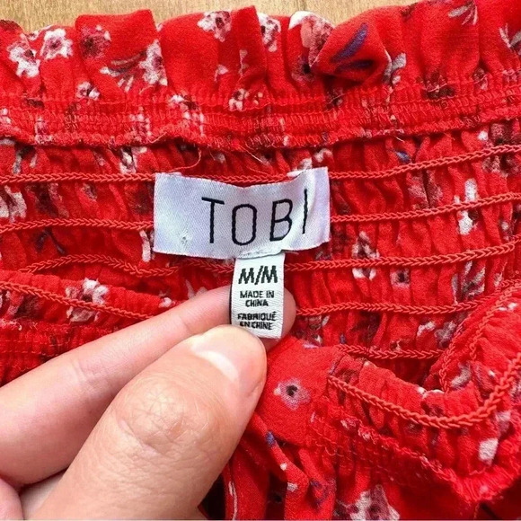 TOBI Red Floral Smocked Tassel Across the Shoulder Blouse, Size Medium - Picture 8 of 16